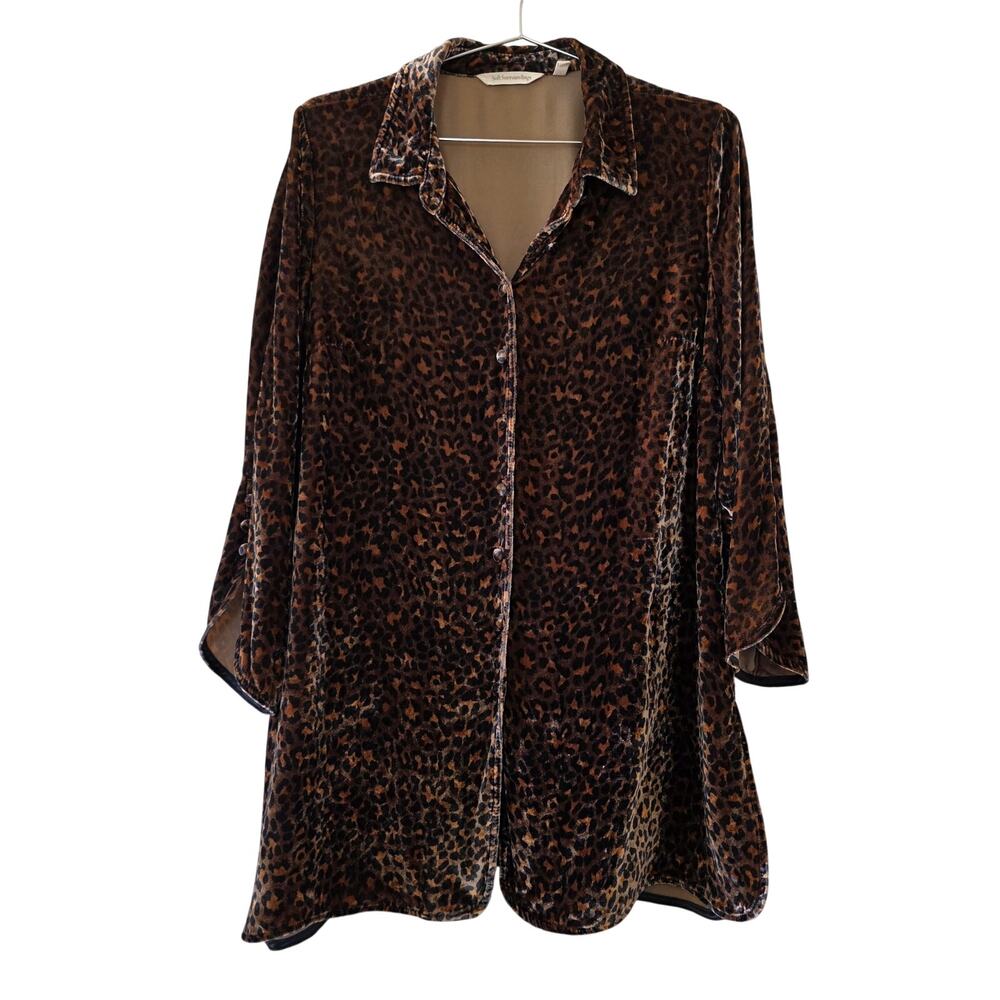 Soft Surroundings Leopard Print Silk Blend Velvet Burnout Tunic Womens M Button